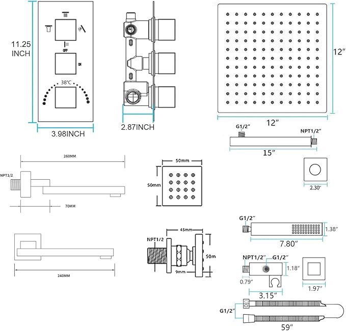 Thermostatic Shower System Matte Black Shower Fixtures 12 Inch Wall Mounted Full Body Shower System with Tub Spout, 4 Way Shower Faucet with 6 PCS Body Jets, Handheld Shower