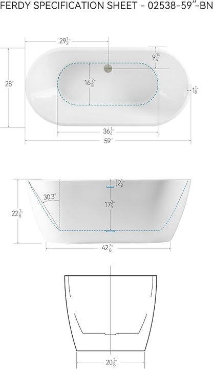 FerdY Nauru 59" Acrylic Freestanding Bathtub, Gracefully Shaped Freestanding Soaking Bathtub with Brushed Nickel Drain & Minimalist Linear Design Overflow, Glossy White, cUPC Certified