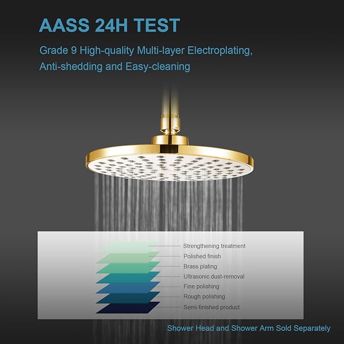 OFFO Shower Arm with Flange, Bright Gold 3 in Ceiling Mount Replacement Rain Shower Head Straight Arm Ceiling-Mounted For Fixed Shower Head & High Pressure Rain