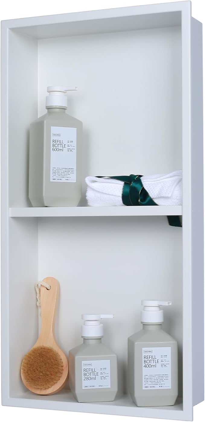 Recessed Wall Niche for Shower Room Storage,Double-Layer Shelves,Wall Insert Tile Ready,Stainless Steel(White, 24 * 12 in)