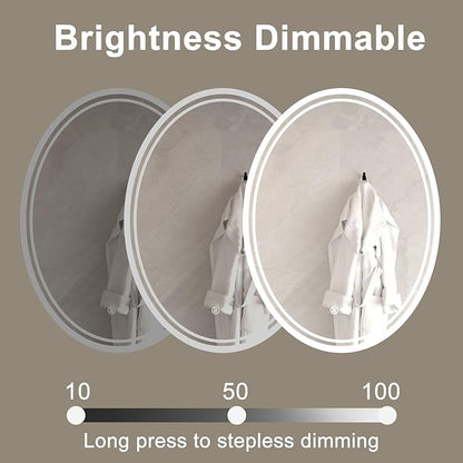 28 x 20 inch Oval LED Bathroom Mirror Anti-Fog 3 Colors Light Dimmable Wall Mounted Lighted Bathroom Vanity Mirror Memory Makeup Mirror Touch Switch