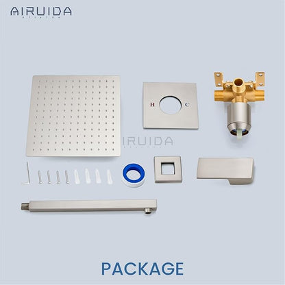 Airuida Shower Faucet Set Bathroom Rain Shower System SUS304 Stainless Steel Single Handle With Male Threads Rough-in Valve Shower Trim Kit 10 Inch Wall Mount Shower Head Brushed Nickel