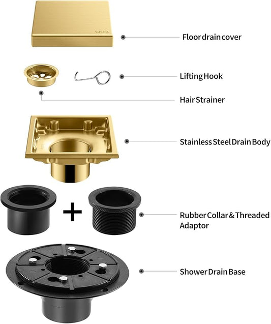 Hidden Brushed Square Shower Floor Drain, Gold 4 inch, 304 Stainless Steel, with Flange, Detachable Cover Embedded in Ceramic Tiles