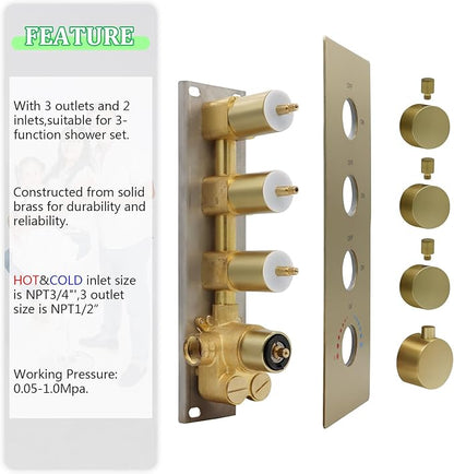 HOMEDEC 3 Function Shower Mixing Valve and Trim Kit, Brushed Gold 3 Ways Thermostatic Valve Flow Volume Control Vertical Shower Diverter Selector