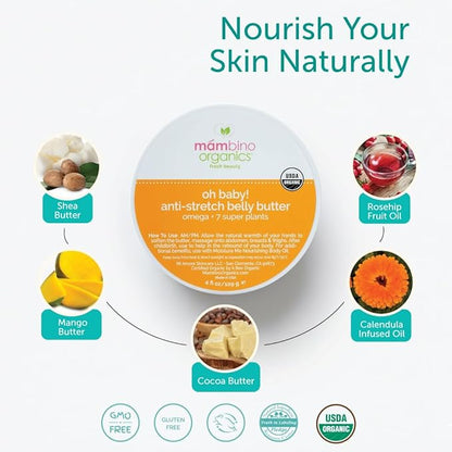 Mambino Organics Oh Baby! Belly Butter, Belly Cream with Shea Butter for Pregnancy, Minimizes Stretch Marks, Vegan, Cruelty-Free, Maternity Skin Care, 2-Pack, 4 fl oz