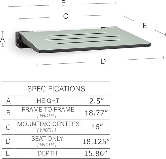 18 inch Silhouette Slimline Folding Wall Mount Shower Bench Seat, Sea Green Seat with Matte Black Frame