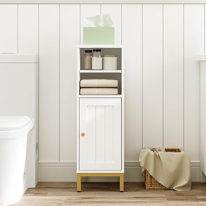 Bathroom Storage Cabinet, Corner Floor Cabinet with Shelves, Customized Door Opening Direction, Bathroom Organizer with Adjustable Shelf for Kitchen, Living, Toilet Paper Cabinet, White