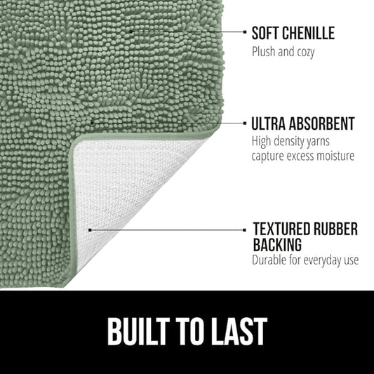 GORILLA GRIP Bath Rug Mat 48x17, Soft Absorbent Chenille, Quick Dry Microfiber Mats, Rubber Backing Washable Shower Floor Rugs, Bathmat Runner, US Designed Bathroom Home Decor Accessories Sage Green
