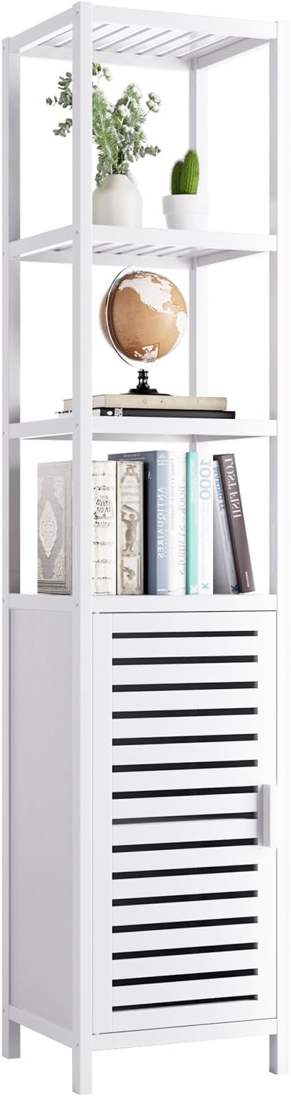 HITNET Bathroom Tall Cabinet, Floor Standing Bamboo Storage Cabinet with 6 Shelves and Shutter Door for Kitchen Living Room, White