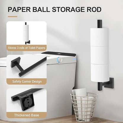TQKAG 7-Pieces Matte Black Bathroom Hardware Accessories Set 23.6" SUS304 Stainless Steel Towel Bar Set Toilet Paper Spare Rolls Storage Holder Wall Mounted