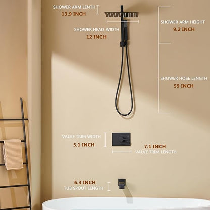 shower system with tub spout and 12 Inch Rain Shower Heads with Handheld Spray, Shower Faucet Set Dual Shower Heads with Handheld Spray Combo, Black Shower Head and Handle Set