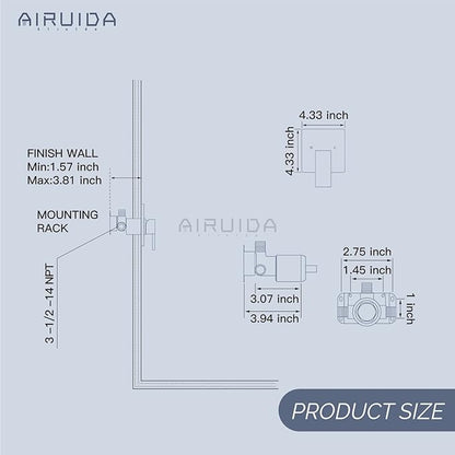 Airuida Square Single-Function Brass Faucet Shower Rough-in Valve Male Thread Bathroom Trim Kit Single Handle Tub Shower Valve 4.3 Inch Cover Plate Matte Black