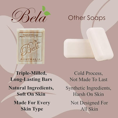 BELA Triple Milled Soap Variety Pack 3.3 OZ Pack of 6, Long Lasting French Triple Milled Bar Soap with Organic Shea Butter, Hand, Face and Body Wash Bar Made in Australia