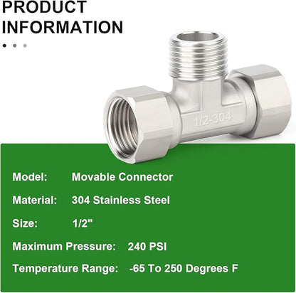 TAISHER 2PCS 304 Stainless Steel 3 Way Left&Right 2 Ends Flexible Movable Tee Connector, 1/2" Male for Sprayer, Angled Valve, Shower Arm
