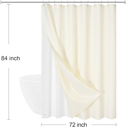 3 in 1 Extra Long Cream Shower Curtain Set-72 W x 84 H, Ivory Waffle and PEVA Liner Set with 12 Stainless Steel Hooks, Waterproof Fabric for Bathroom