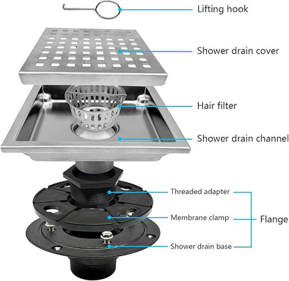 4 Inch Square Shower Drain with Flange, Removeable Grate SUS 304 Stainless Steel Shower Drain with Hair Catcher (Brushed Nickel, 4 Inch)