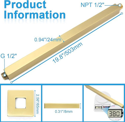 Ceiling Mount Shower Arm with Flange 20 Inches Square Straight Extender Extension Pipe Replacement, Long Shower Arm For Fixed Rain Shower Head or High Ceiling, Brushed Gold