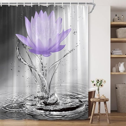 Lotus Shower Curtain Black White Grey Violet Flower Elegant Blooming Floral with Dew Spring Flower Reflection on Water Modern Romantic Polyester Fabric Bathroom Decor 70×90 Inch with Hook