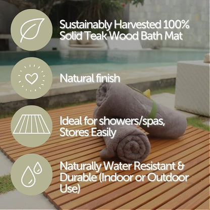 Nordic Style Premium Teak Shower and Bath Mat for Indoor and Outdoor Use - Non-Slip Wooden Platform for Spa, Sauna, Pool, Hot Tub - Flooring Decor and Protector (24" x 24", Natural Finish)