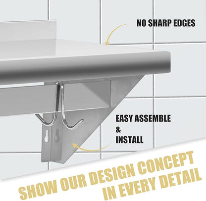 Hally Stainless Steel Shelf with 6 Hooks 12" x 36" Wall Mounted Pot Rack, NSF Commercial Floating Shelving for Storage Hanging Pots, Pans, cookware in Restaurant, Kitchen, Home and Hotel