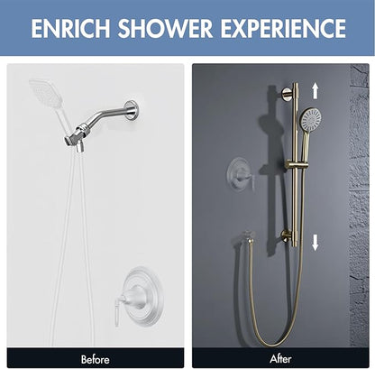 Adjustable Shower Slide Bar with 5-Function Handheld Shower Head, Stainless Steel Drill-free Mounted Slide Bar Combo with Extra Hose (Brushed Gold)