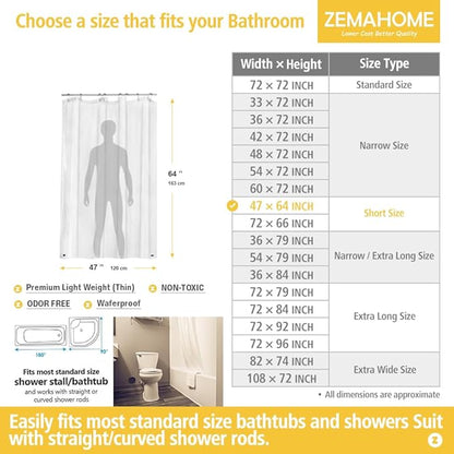 Short Size PEVA Plastic Shower Curtain Liner Premium Light Weight 47" x 64" Clear Bathroom Shower Showroom Curtain Liner with Rustproof Metal Gromments and Weighted Magnet