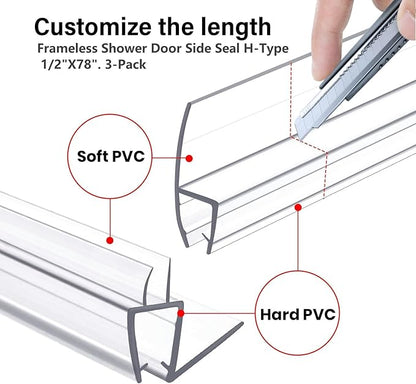 Shower Door Bottom&Side Seal Set 3PCS, 78" (1981mm) Length H-Type PVC Strip for 1/2" (12mm) Thick Frameless Glass Door, to Stop Water Leaks