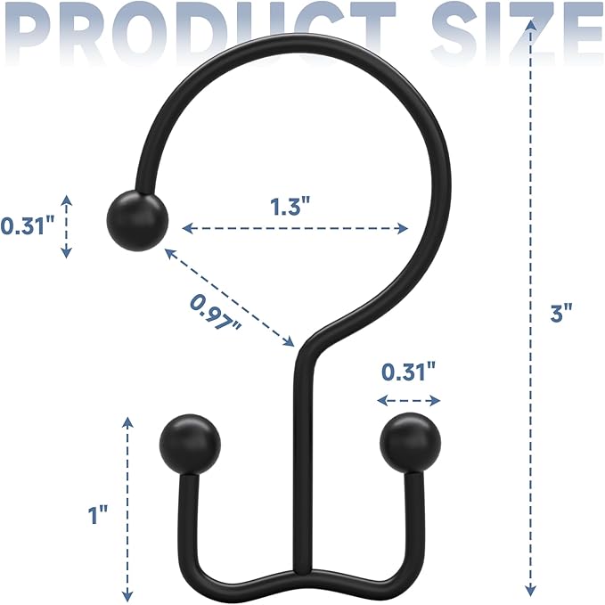 Titanker Shower Curtain Hooks Black, Minimalist Simple Double Glide Shower Curtain Rings, Rust Proof Metal Shower Hooks Rings for Bathroom Shower Rods Curtains, Set of 12 Hooks