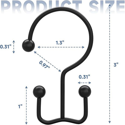 Titanker Shower Curtain Hooks Black, Minimalist Simple Double Glide Shower Curtain Rings, Rust Proof Metal Shower Hooks Rings for Bathroom Shower Rods Curtains, Set of 12 Hooks