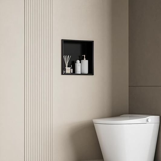 No Tile Needed Shower Niche - 12"x12" Black 304 Stainless Steel Recessed Shelf,Over Mount Installation for Bathroom & Shower Wall,Waterproof