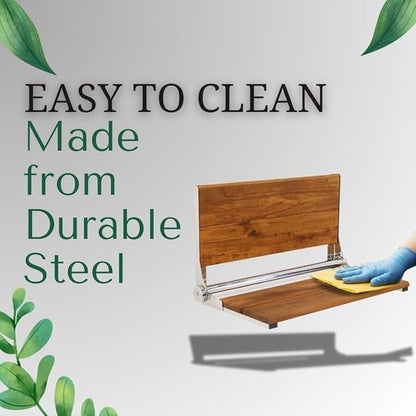 Folding Shower Seat Wall Mounted with Back | 500 lbs Maximum Load Capacity | ADA Compliant Safety Assist Teak Shower Seat for Seniors, Handicapped, and Children | 304 Stainless Steel Frame | 26” x 16”