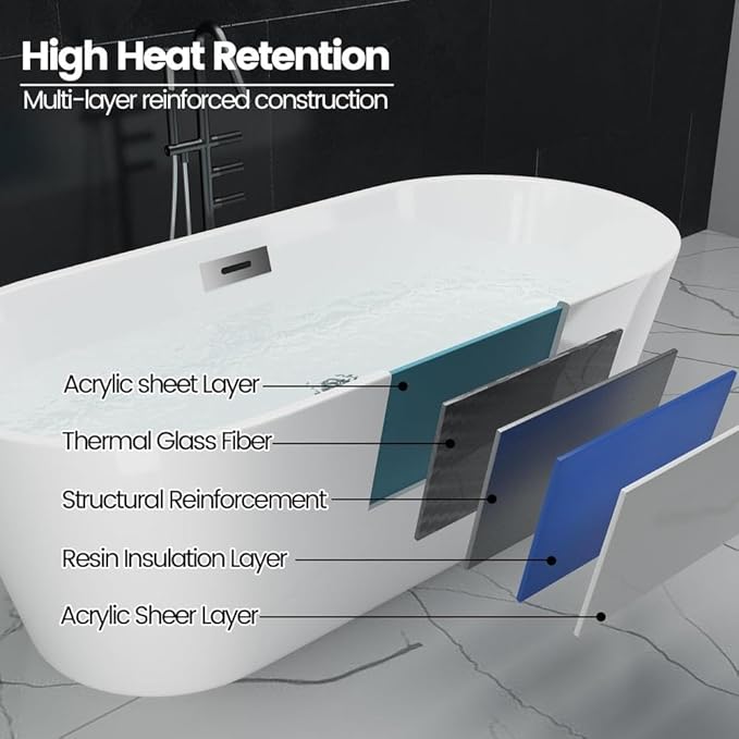 Freestanding Bathtub 59 inch Acrylic Soaking Bathtub, Free Standing Tub with Chrome Drain & Overflow, Ergonomic Stand Alone Tub for Small Bathroom or Home Spa