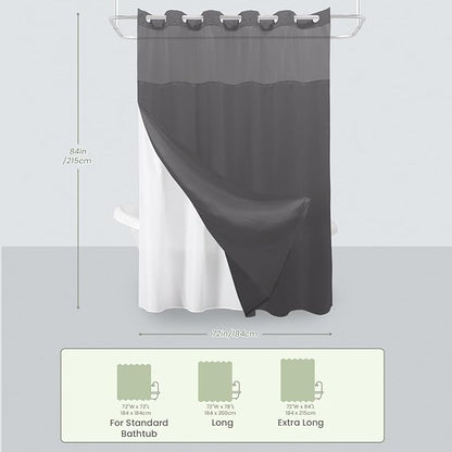 Inhousolu Extra Long No Hook Shower Curtain with Snap in Fabric Liner Set Waffle Weave 230GSM Weighted Hem, Waterproof & Washable Bathroom Curtain Spa with Mesh Top Window 72" W x 84" L Graphite Grey