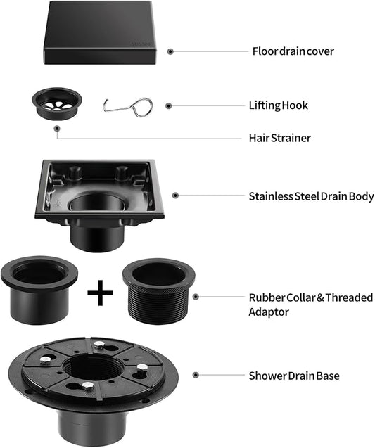 Hidden Brushed Square Shower Floor Drain, Black 4 inch, 304 Stainless Steel, with Flange, Detachable Cover Embedded in Ceramic Tiles