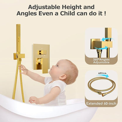 Dual Shower System Brushed Gold,Five Functions Knob Diverter Rainfall Shower Faucet Set with 2 in 1 Handheld Spray,12'' Ceiling Mount and 6'' Wall Mount Rainfall Shower System