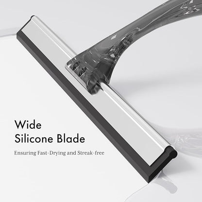 AmazerBath Shower Squeegee for Glass Doors, All-Purpose Squeegee with Suction Hook & Adhesive Hook, Squeegee for Shower Glass, Windows, Mirrors, Tiles and Car Windows - 10 Inches, Clear Black