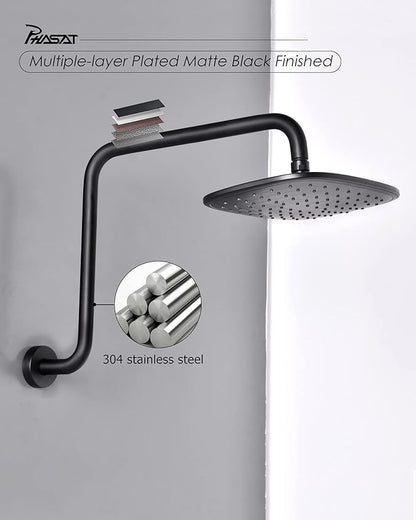 PHASAT 16 Inches Black Shower Head Arm,S Shaped Shower Arm with Flange,High Rise Shower Head Extension Matte Black,PU9H02