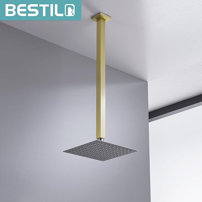 BESTILL 20 Inch Brushed Gold Ceiling Mount Shower Arm and Flange, Square Rain Shower Arm
