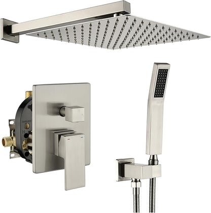 WELLFOR 12-In Wall Mounted Rain Shower Faucet with Single Handle and Handheld Spray, Waterfall Dual Head Shower Head System with 2-way Diverter, Pressure-balanced Valve Included, Brushed Nickel