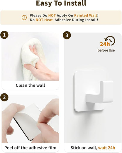 Square Self Adhesive Towel Hooks - 4 Pack Matte White Metal Hooks, Right-Angle Design for Towels, Robes & Hats, Organize Bathroom, Kitchen, Entryway, Doors, Cabinets on Smooth Surfaces