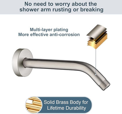 BRIGHT SHOWERS Shower Arm with Flange 10 Inches Solid Brass Shower Head Extension Arm, Wall Mounted Shower Pipe Arm for Rainfall Shower Head and Handheld Showerhead, Brushed Nickel