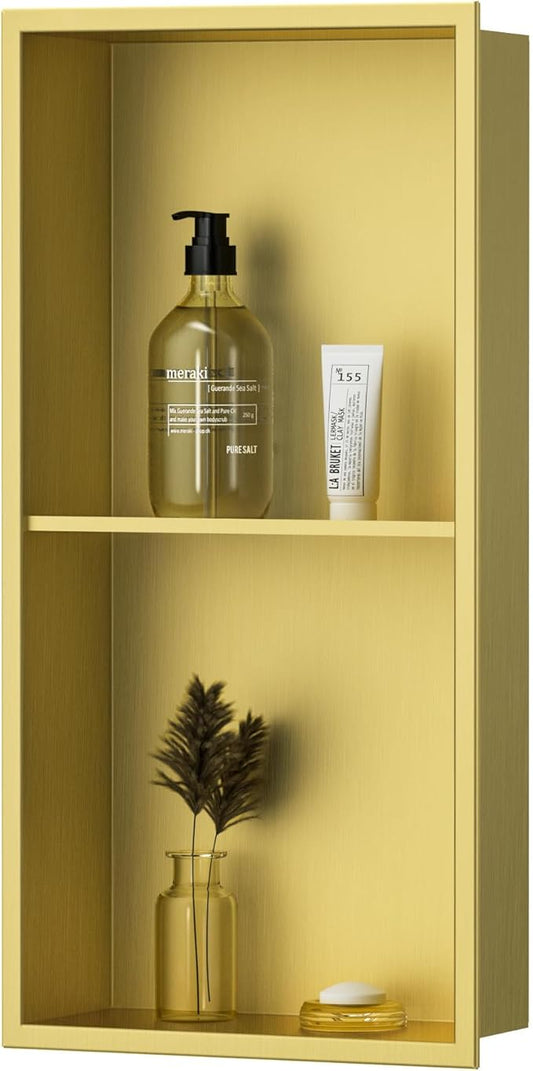 Neodrain Shower Niche Double Shelf Stainless Steel No Tile Needed Bathroom Niches Recessed in Wall, 2-Tier Recessed Wall Niche Waterproof Cubby(12X24Inch Golden)