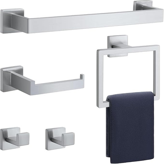 16 in Matte Bathroom Accessories Set, Bath Towel Bar Set, Stainless Steel Bathroom Hardware Set, Towel Racks for Bathroom Wall Mounted 5 Pcs（Silvery）