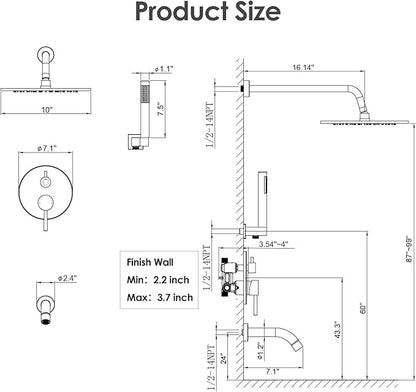 Gabrylly Bathtub Shower Faucet Set, Tub Shower System with 3-Way Shower Valve, High Pressure 10" Rain Shower head with Handheld Spray Combo, Wall Mounted Rainfall Shower Head Set, Brushed Nickel