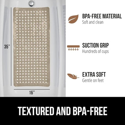 GORILLA GRIP Patented Bath Tub Shower Mat, Machine Washable Bathtub Floor Liner Mats, Suction Cups and Drain Holes to Keep Tubs Clean, Soft on Feet, Bathroom Essentials, 35x16 Inch, Beige
