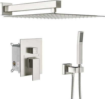 Lordear Rain Shower System 12 Inch Wall Mounted Shower Faucet Set, Brushed Nickel Stainless Steel Shower Head with Handle Set and Brass Valve Brushed Nickel 12" Shower Head
