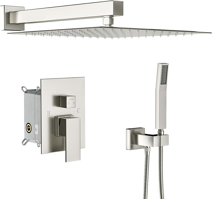Lordear Rain Shower System 10 Inch Faucet Set Brushed Nickel Finish Stainless Steel Square Rainfall Shower Head with Handheld, Solid Brass Valve Included