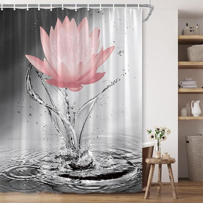 Lotus Shower Curtain Black White Grey Red Flower Elegant Blooming Floral with Dew Spring Flower Reflection on Water Modern Romantic Polyester Fabric Bathroom Decor 70×70 Inch with Hook