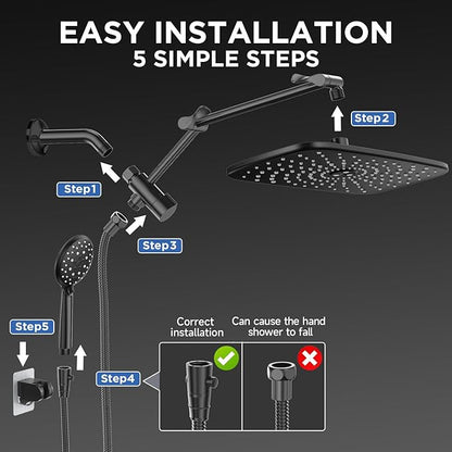 Veken 11.8'' Rain Black Shower Head with Handheld Spray Combo, Extension Arm for Rainfall showerhead, Muti-modes Massage High Pressure Hand Held Shower Heads with Hose, Anti-Clog Nozzles & Bathroom