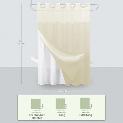 Inhousolu Long No Hook Shower Curtain with Snap in Fabric Liner Set Waffle Weave 230GSM Weighted Hem, Waterproof & Washable Bathroom Curtain Spa Luxury with Mesh Top Window 72" W x 78" L Ivory